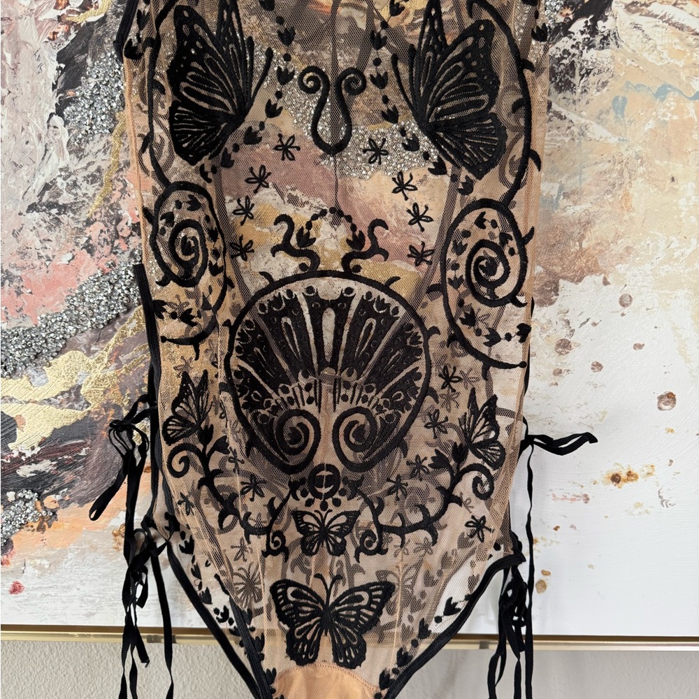For Love & Lemons Karina Sheer Black Embroidered Butterfly Bodysuit - Picture 13 of 16